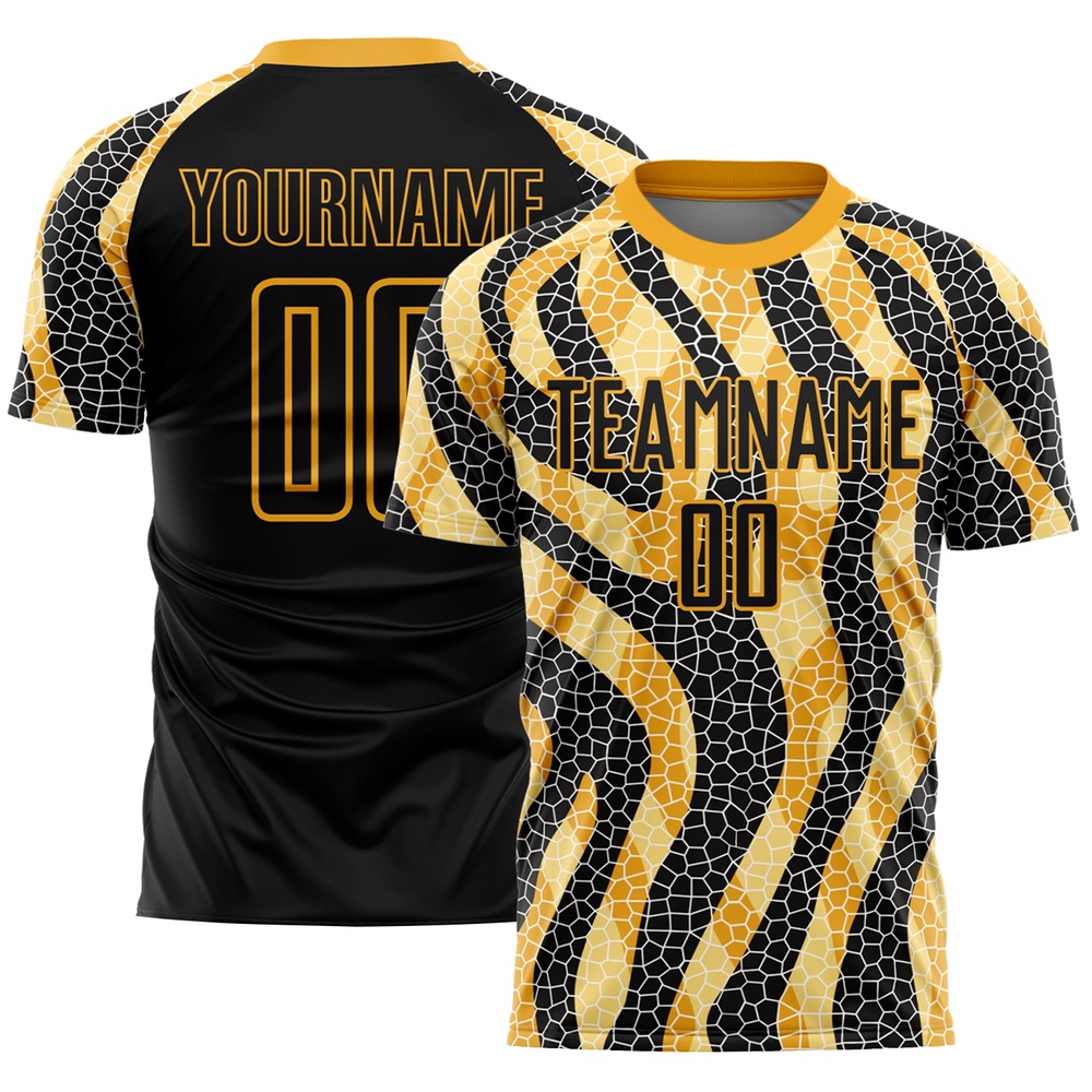 Black Gold Animal Print Sublimation Soccer Uniform Jersey, Custom Team Soccer Jersey Shirt