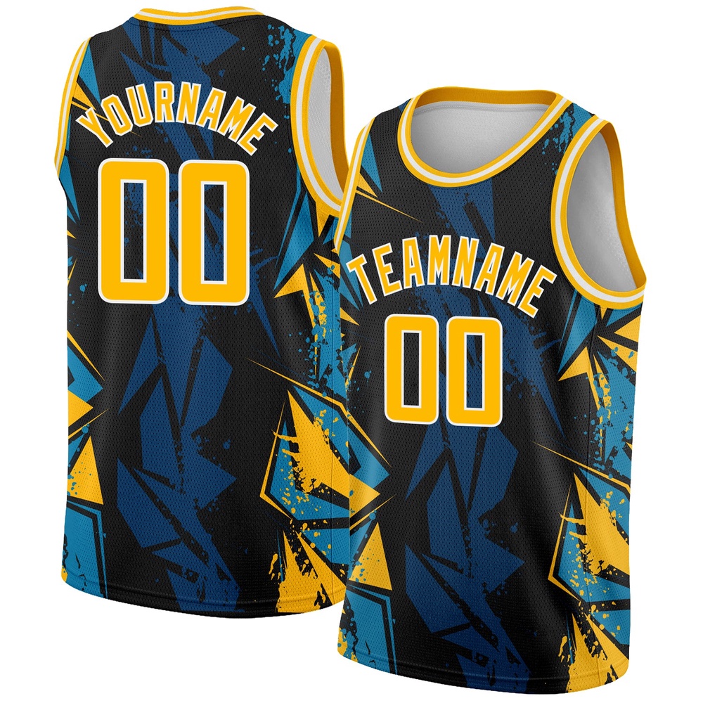 Black Gold Blue 3D Pattern Design Geometric Shapes Authentic Basketball Jersey, Custom Team Soccer Jersey Shirt