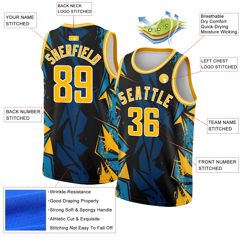 Black Gold Blue 3D Pattern Design Geometric Shapes Authentic Basketball Jersey, Custom Team Soccer Jersey Shirt