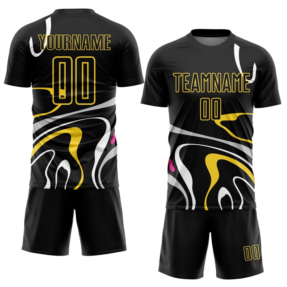 Black Gold Fluid Shapes Sublimation Soccer Uniform Jersey, Custom Team Soccer Jersey Shirt