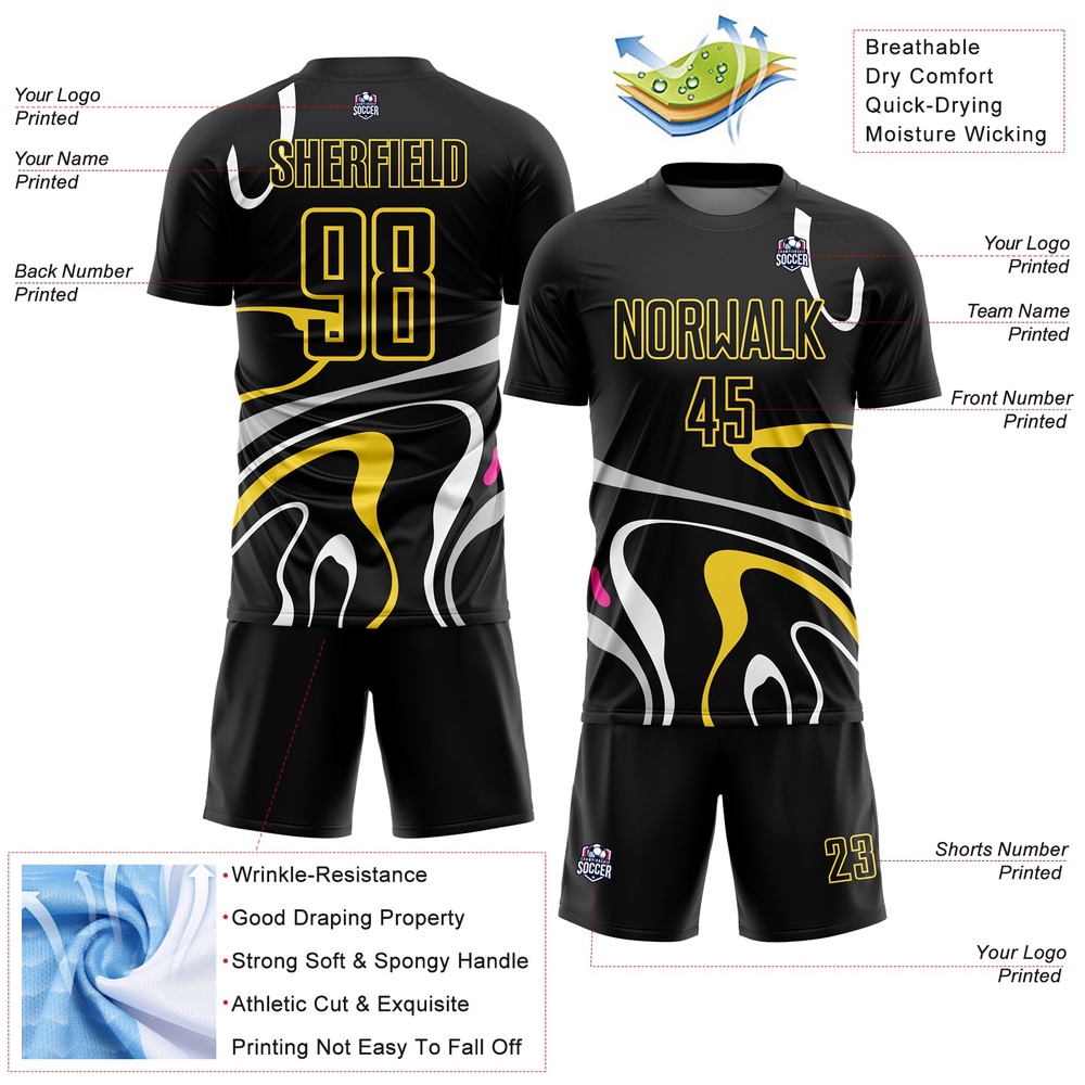 Black Gold Fluid Shapes Sublimation Soccer Uniform Jersey, Custom Team Soccer Jersey Shirt
