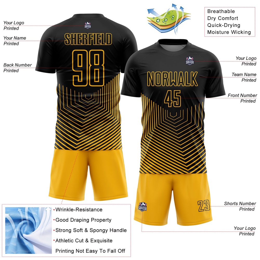 Black Gold Geometric Lines Sublimation Soccer Uniform Jersey, Custom Team Soccer Jersey Shirt
