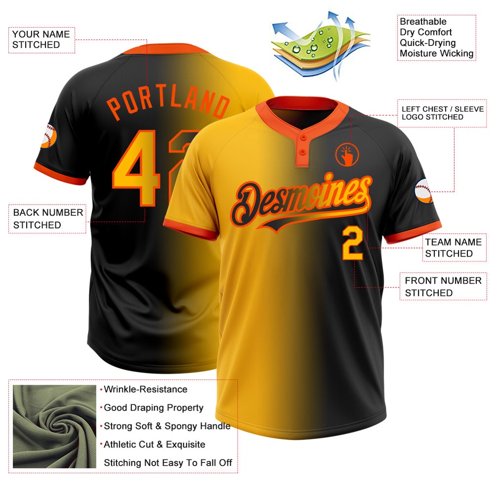 Black Gold Orange Gradient Fashion Two Button Unisex Softball Jersey, Custom Team Softball Jersey