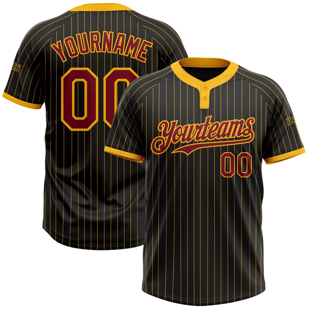 Black Gold Pinstripe Crimson Two Button Unisex Softball Jersey, Custom Team Softball Jersey