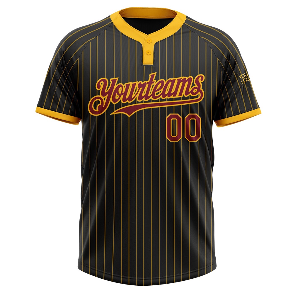 Black Gold Pinstripe Crimson Two Button Unisex Softball Jersey, Custom Team Softball Jersey