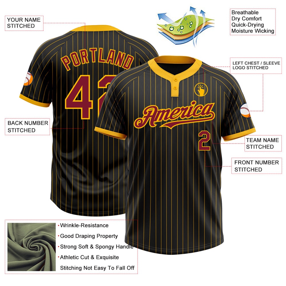 Black Gold Pinstripe Crimson Two Button Unisex Softball Jersey, Custom Team Softball Jersey