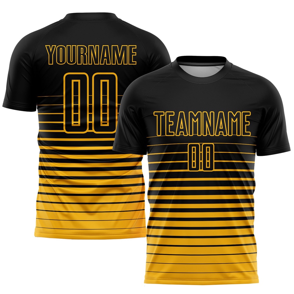 Black Gold Pinstripe Fade Fashion Sublimation Soccer Uniform Jersey, Custom Team Soccer Jersey Shirt Black Gold Pinstripe Fade Fashion Sublimation Soccer Uniform Jersey, Custom Team Soccer Jersey Shirt