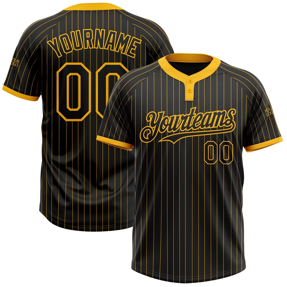 Black Gold Pinstripe Gold Two Button Unisex Softball Jersey, Custom Team Softball Jersey