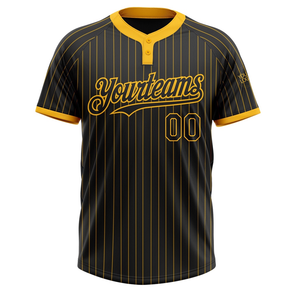 Black Gold Pinstripe Gold Two Button Unisex Softball Jersey, Custom Team Softball Jersey