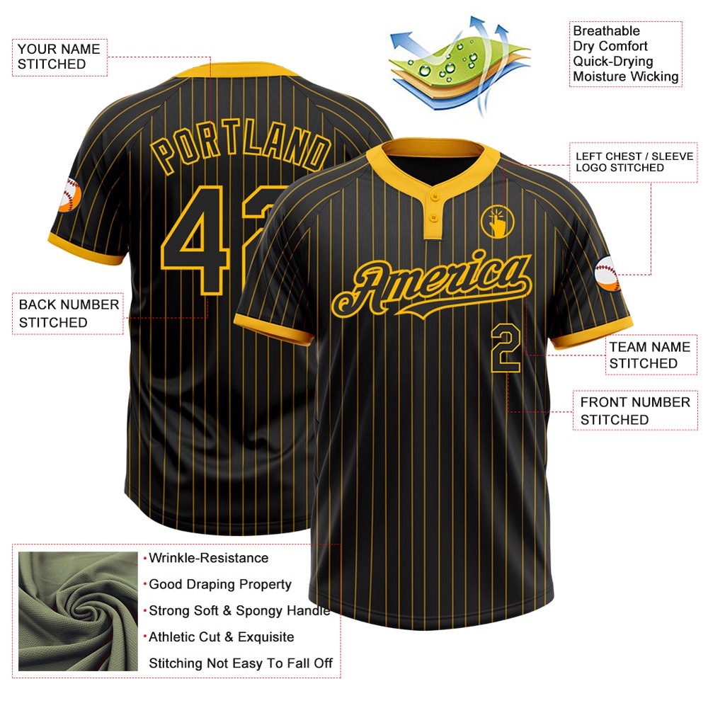 Black Gold Pinstripe Gold Two Button Unisex Softball Jersey, Custom Team Softball Jersey
