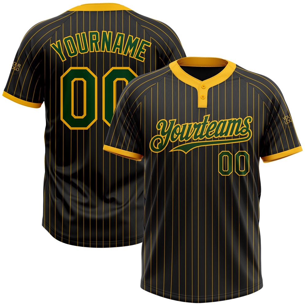 Black Gold Pinstripe Green Two Button Unisex Softball Jersey, Custom Team Softball Jersey