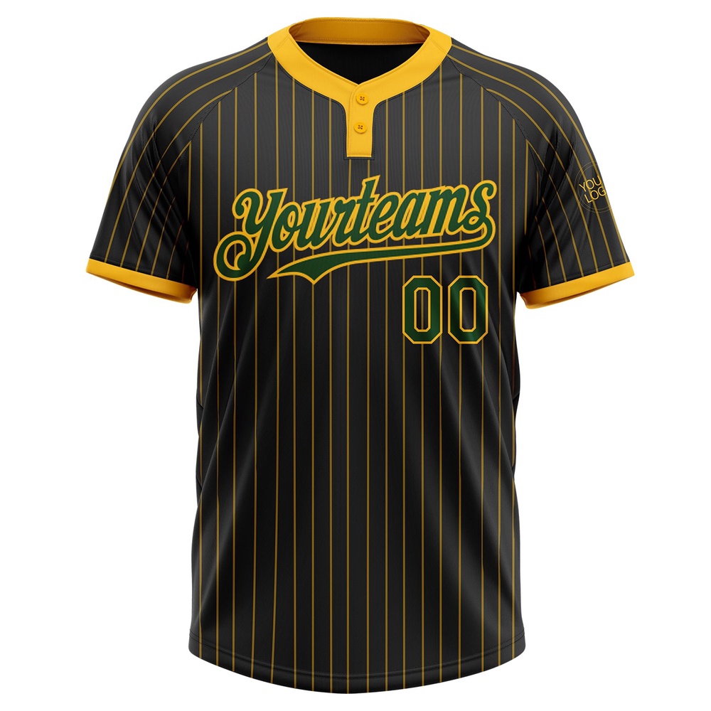 Black Gold Pinstripe Green Two Button Unisex Softball Jersey, Custom Team Softball Jersey