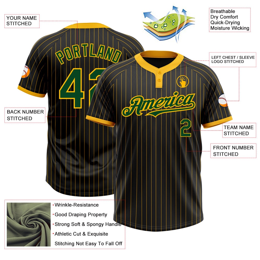 Black Gold Pinstripe Green Two Button Unisex Softball Jersey, Custom Team Softball Jersey