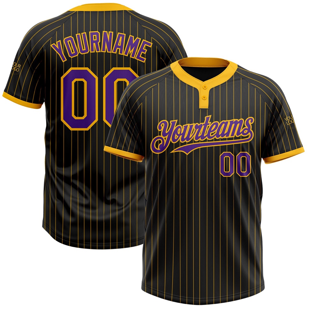 Black Gold Pinstripe Purple Two Button Unisex Softball Jersey, Custom Team Softball Jersey