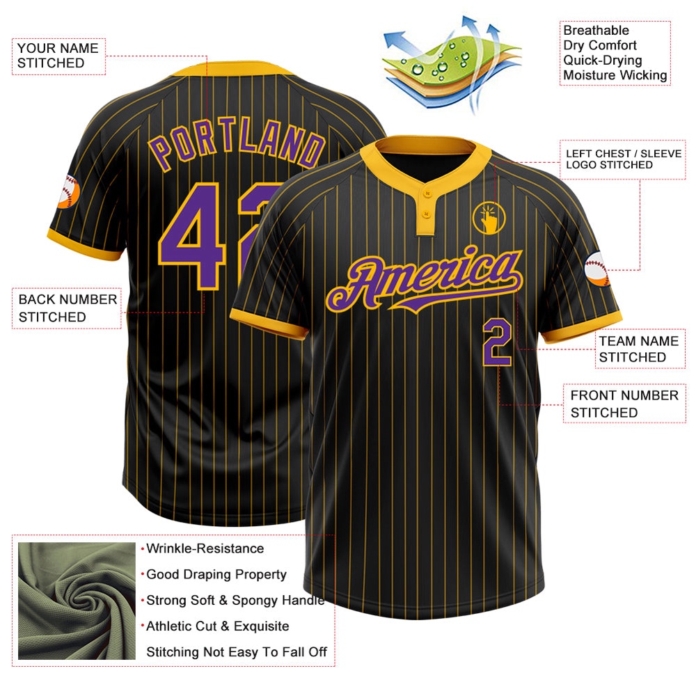 Black Gold Pinstripe Purple Two Button Unisex Softball Jersey, Custom Team Softball Jersey