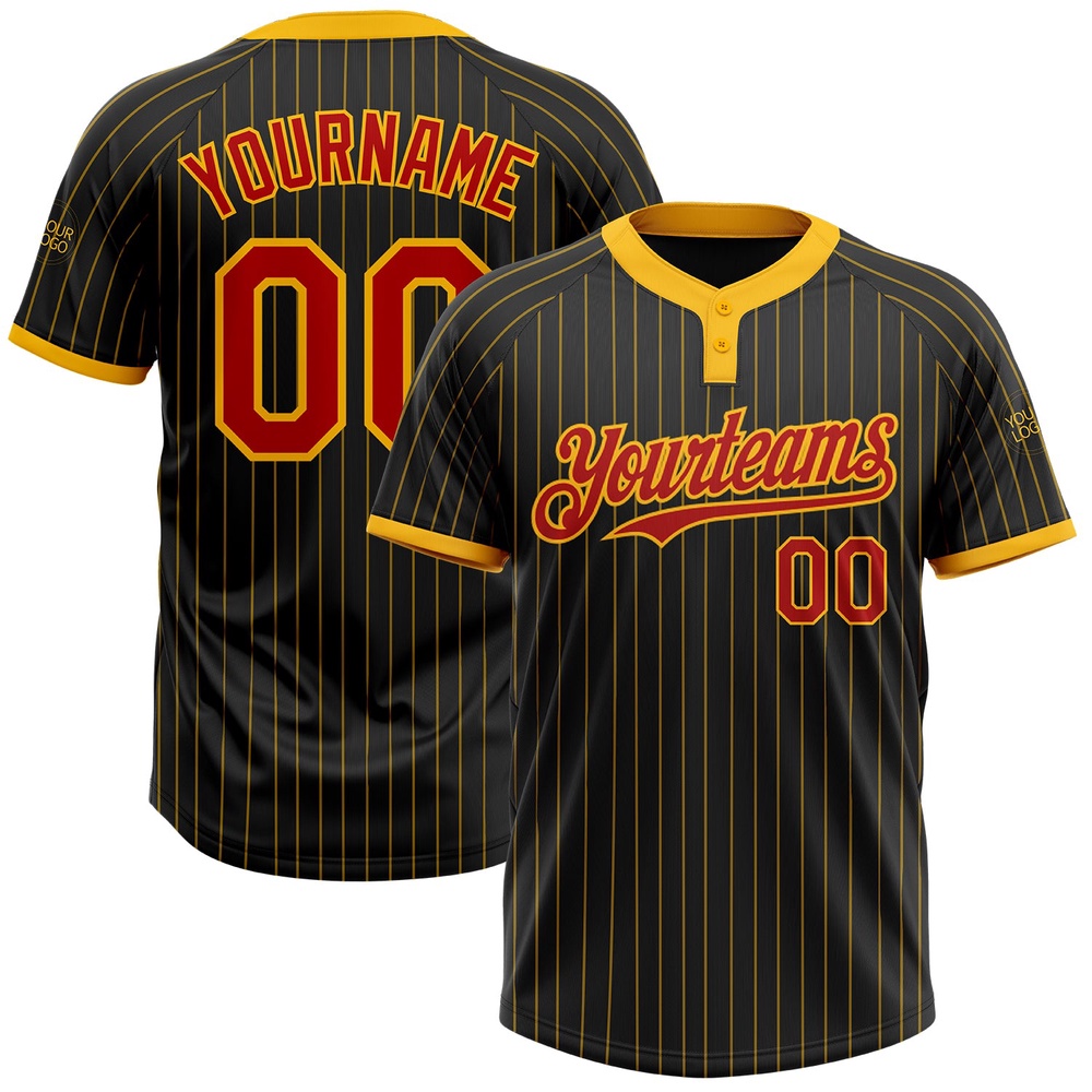 Black Gold Pinstripe Red Two Button Unisex Softball Jersey, Custom Team Softball Jersey
