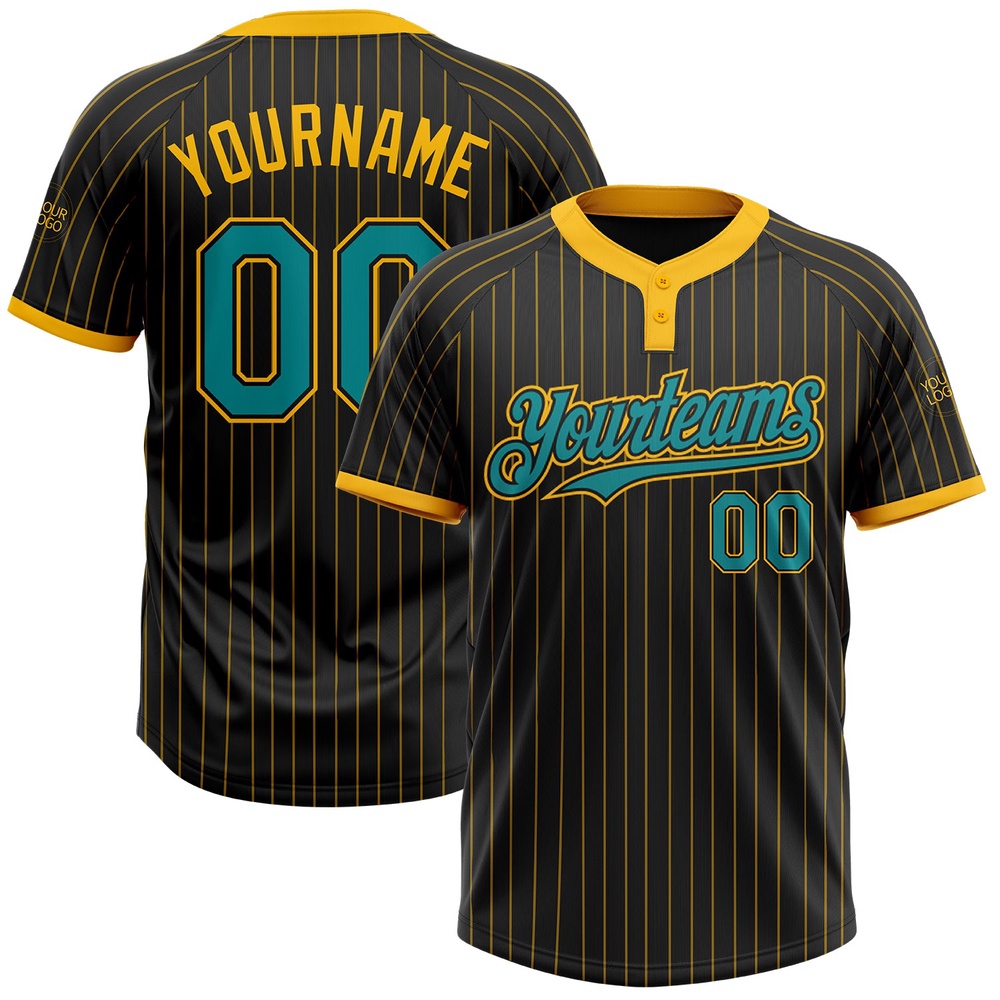 Black Gold Pinstripe Teal Two Button Unisex Softball Jersey, Custom Team Softball Jersey