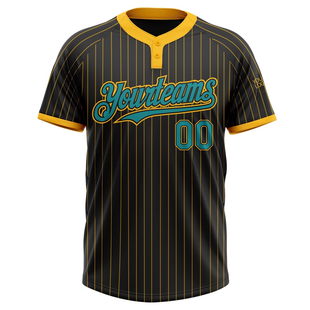 Black Gold Pinstripe Teal Two Button Unisex Softball Jersey, Custom Team Softball Jersey