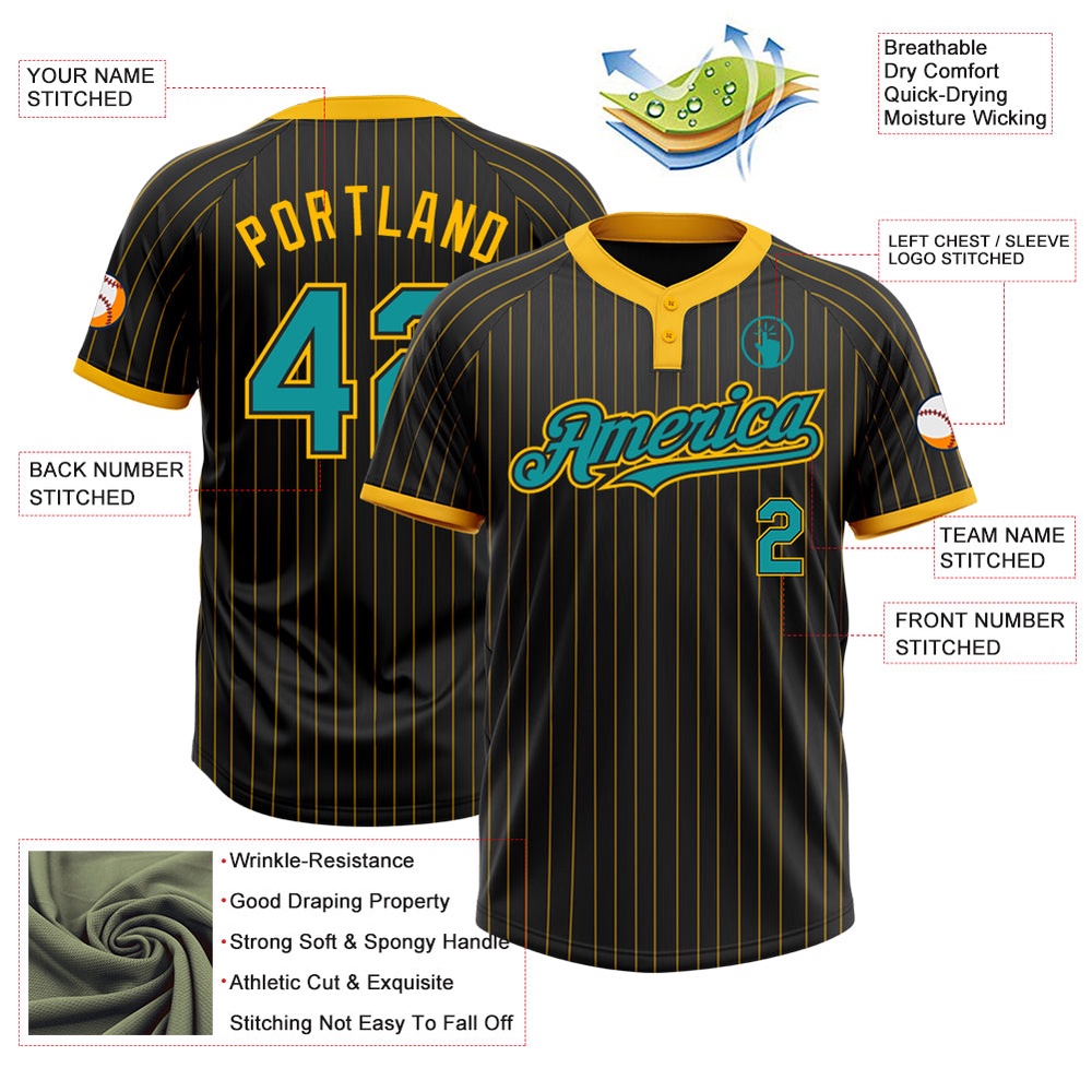 Black Gold Pinstripe Teal Two Button Unisex Softball Jersey, Custom Team Softball Jersey