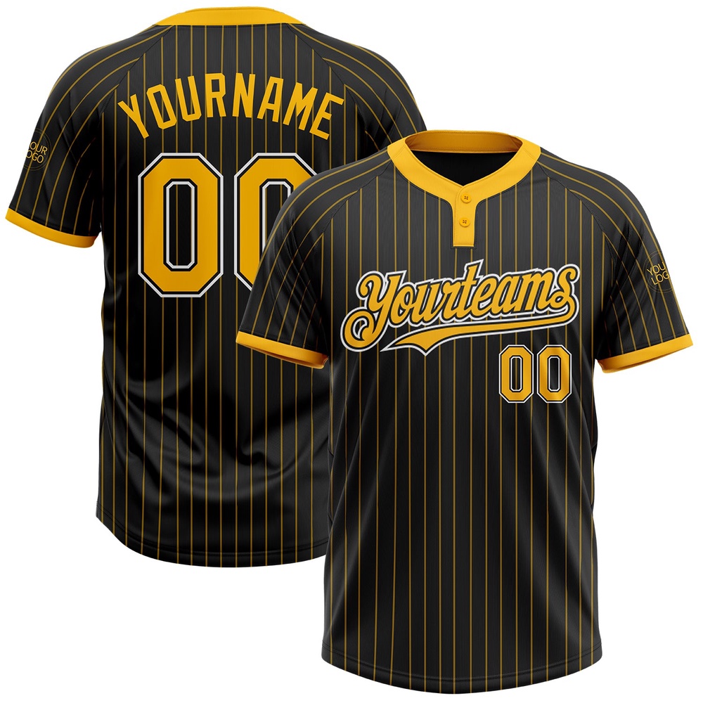 Black Gold Pinstripe White Two Button Unisex Softball Jersey, Custom Team Softball Jersey