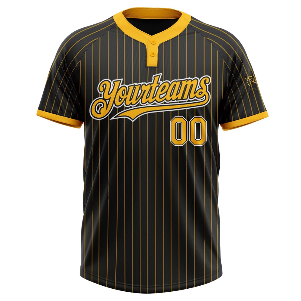 Black Gold Pinstripe White Two Button Unisex Softball Jersey, Custom Team Softball Jersey