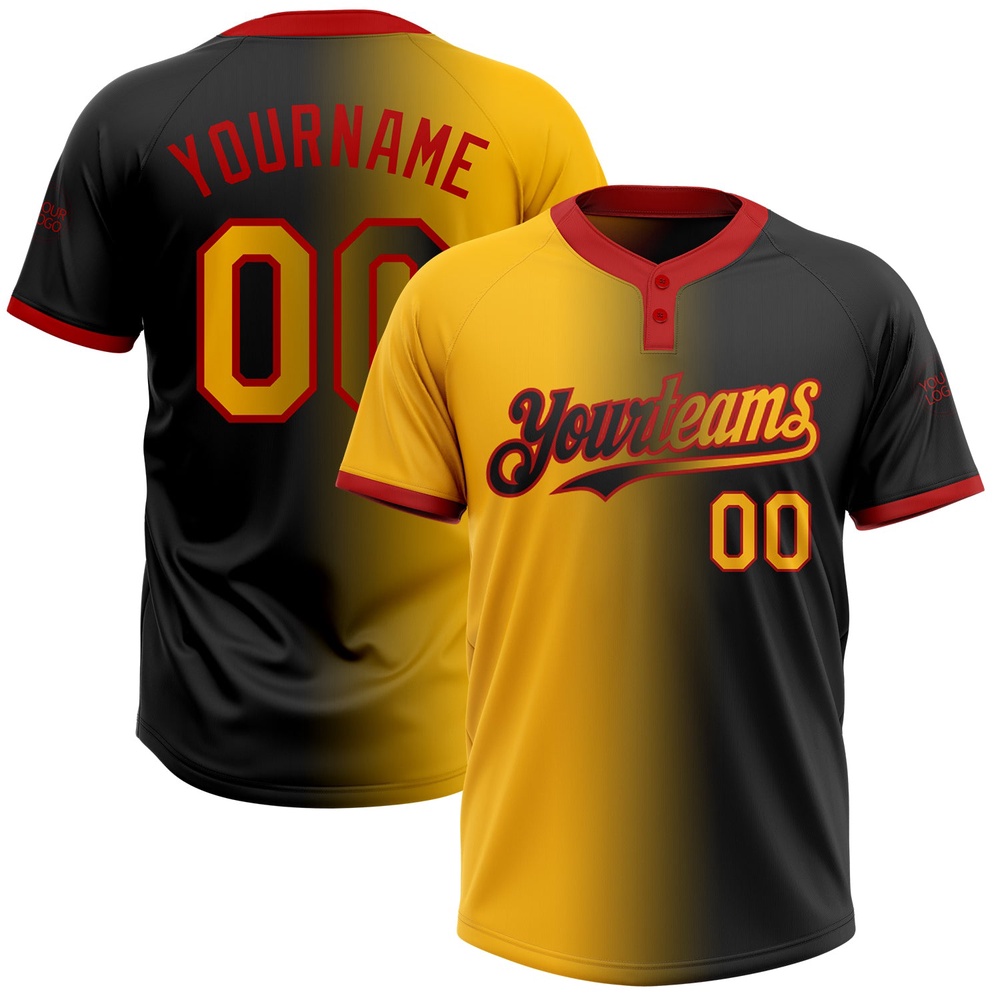 Black Gold Red Gradient Fashion Two Button Unisex Softball Jersey, Custom Team Softball Jersey