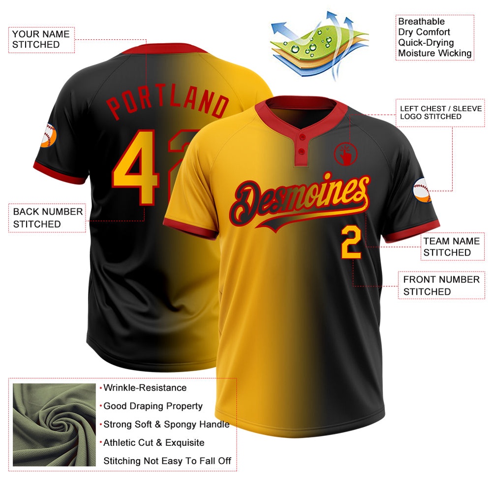 Black Gold Red Gradient Fashion Two Button Unisex Softball Jersey, Custom Team Softball Jersey