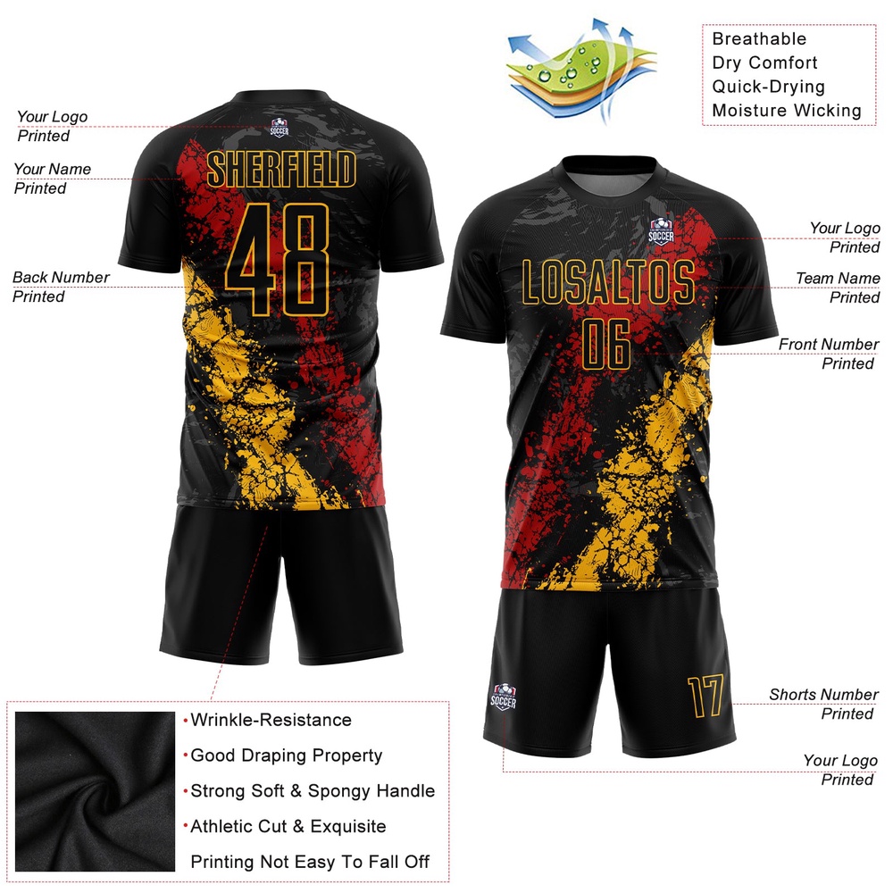 Black Gold Red Sublimation Soccer Uniform Jersey, Custom Team Soccer Jersey Shirt