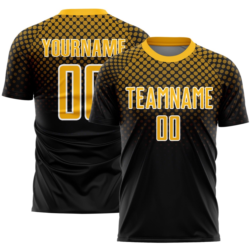 Black Gold White Halftone Dots Sublimation Soccer Uniform Jersey, Custom Team Soccer Jersey Shirt