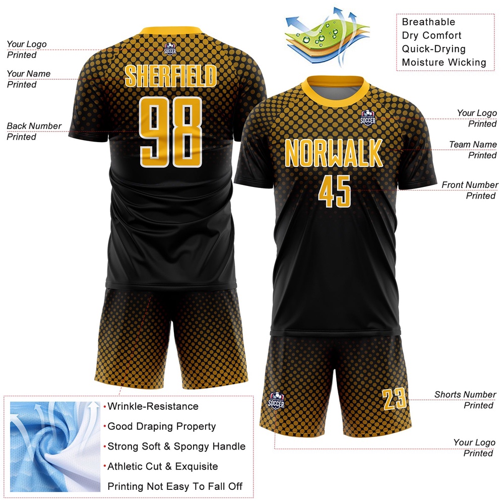 Black Gold White Halftone Dots Sublimation Soccer Uniform Jersey, Custom Team Soccer Jersey Shirt