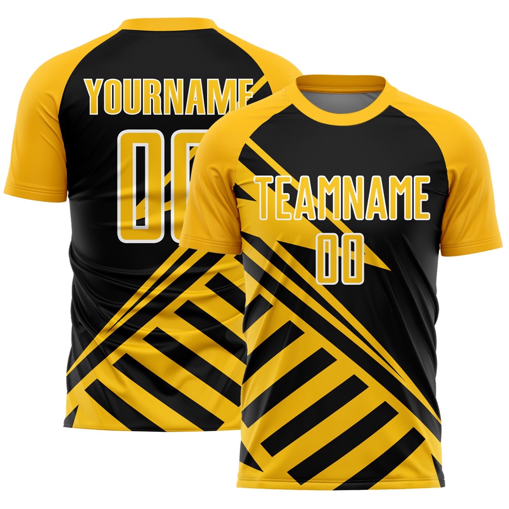 Black Gold White Lines Sublimation Soccer Uniform Jersey, Custom Team Soccer Jersey Shirt