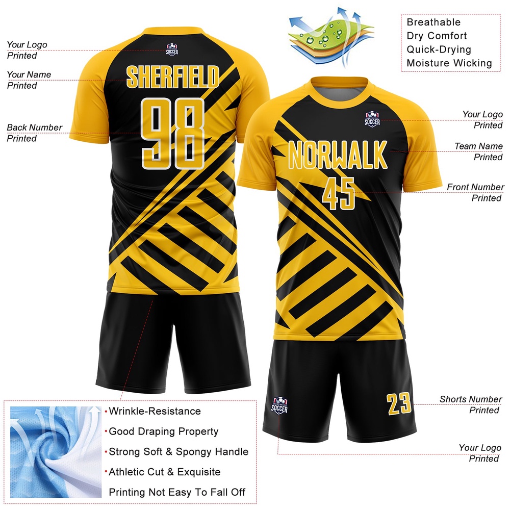Black Gold White Lines Sublimation Soccer Uniform Jersey, Custom Team Soccer Jersey Shirt