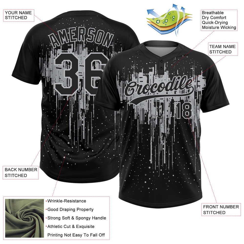 Black Gray 3D Pattern Dripping Splatter Art Two Button Unisex Softball Jersey, Custom Team Softball Jersey