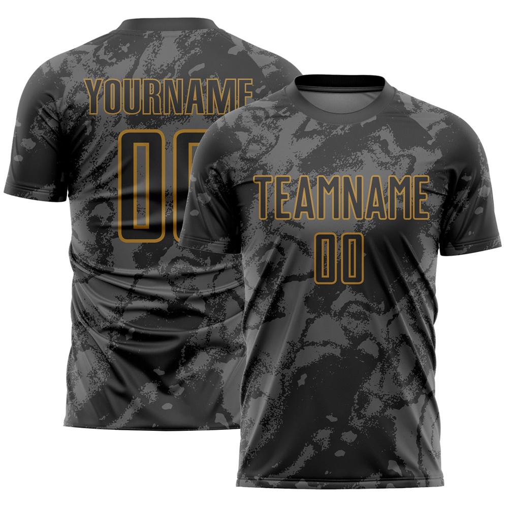 Black Gray Old Gold Abstract Grunge Art Sublimation Soccer Uniform Jersey, Custom Team Soccer Jersey Shirt