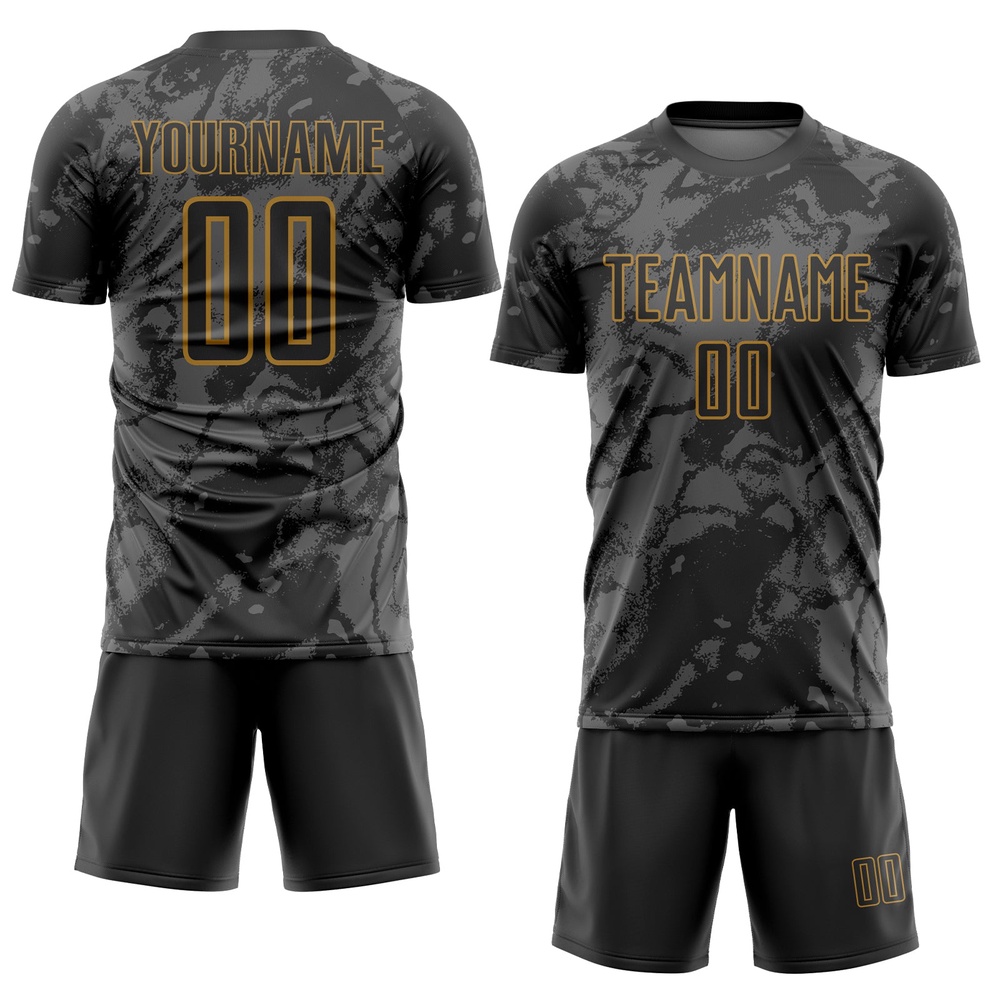 Black Gray Old Gold Abstract Grunge Art Sublimation Soccer Uniform Jersey, Custom Team Soccer Jersey Shirt