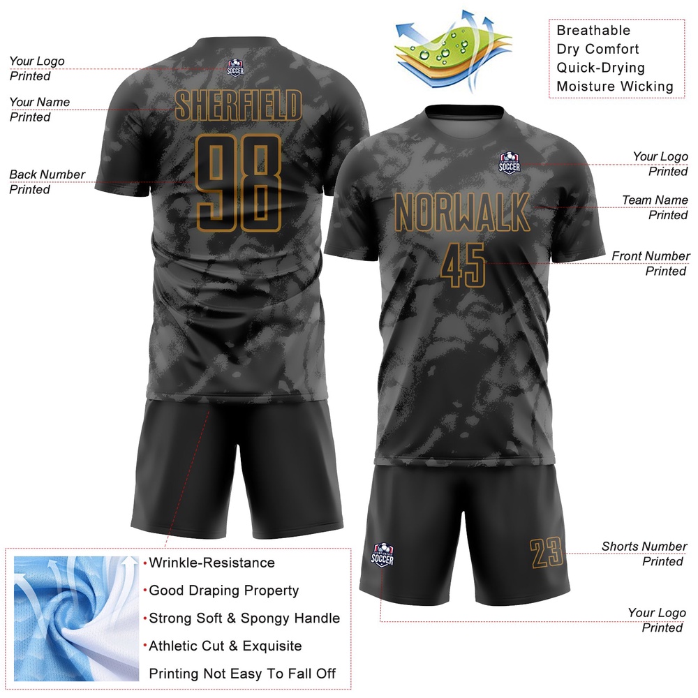 Black Gray Old Gold Abstract Grunge Art Sublimation Soccer Uniform Jersey, Custom Team Soccer Jersey Shirt