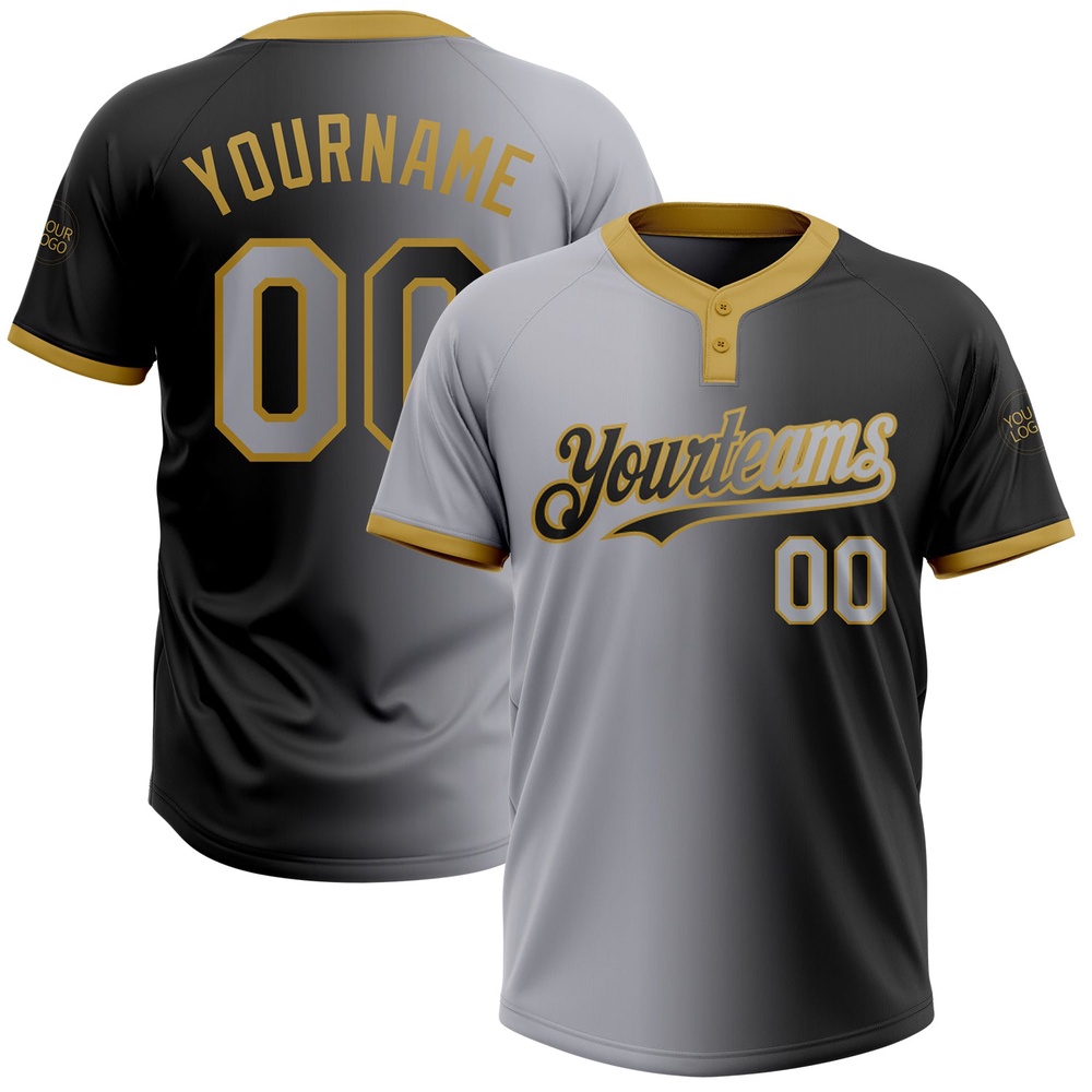 Black Gray Old Gold Gradient Fashion Two Button Unisex Softball Jersey, Custom Team Softball Jersey Black Gray Old Gold Gradient Fashion Two Button Unisex Softball Jersey, Custom Team Softball Jersey