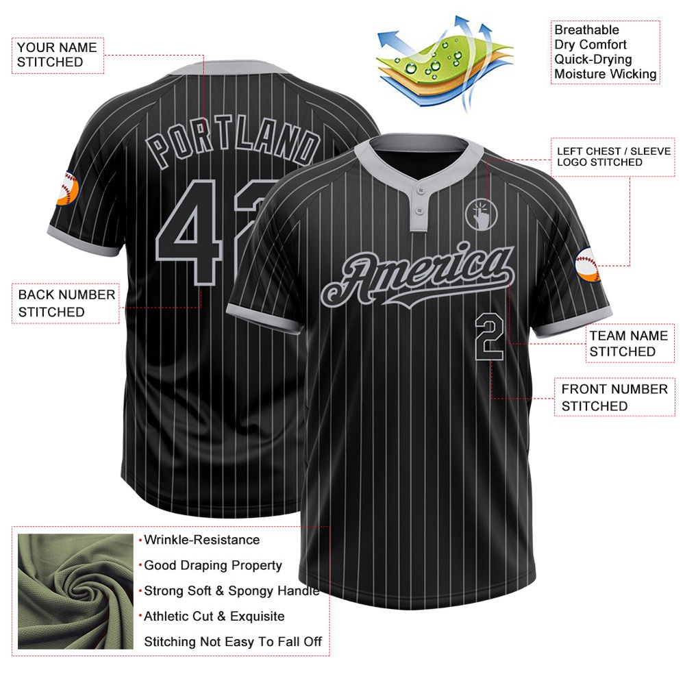 Black Gray Pinstripe Gray Two Button Unisex Softball Jersey, Custom Team Softball Jersey Black Gray Pinstripe Gray Two Button Unisex Softball Jersey, Custom Team Softball Jersey