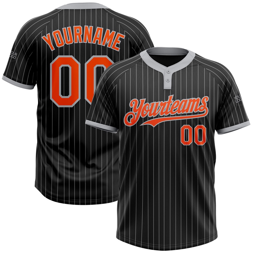 Black Gray Pinstripe Orange Two Button Unisex Softball Jersey, Custom Team Softball Jersey Black Gray Pinstripe Orange Two Button Unisex Softball Jersey, Custom Team Softball Jersey