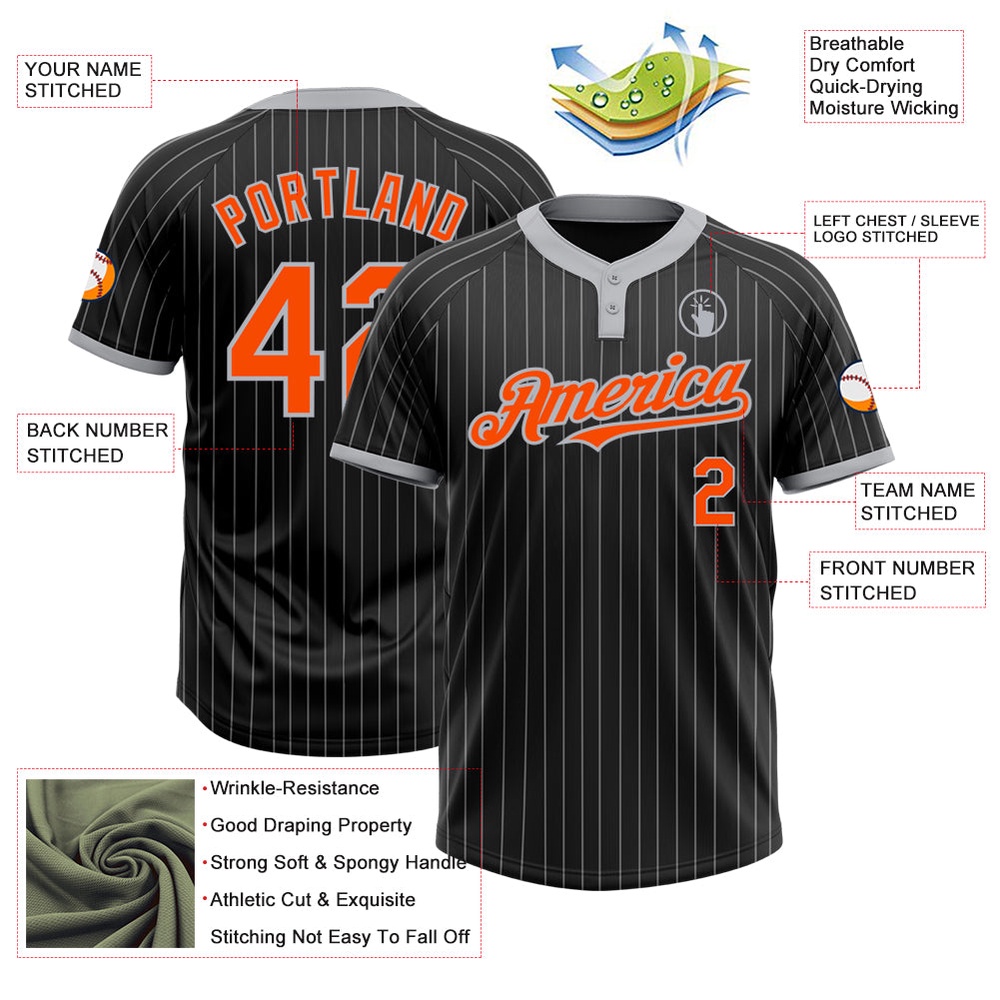 Black Gray Pinstripe Orange Two Button Unisex Softball Jersey, Custom Team Softball Jersey Black Gray Pinstripe Orange Two Button Unisex Softball Jersey, Custom Team Softball Jersey