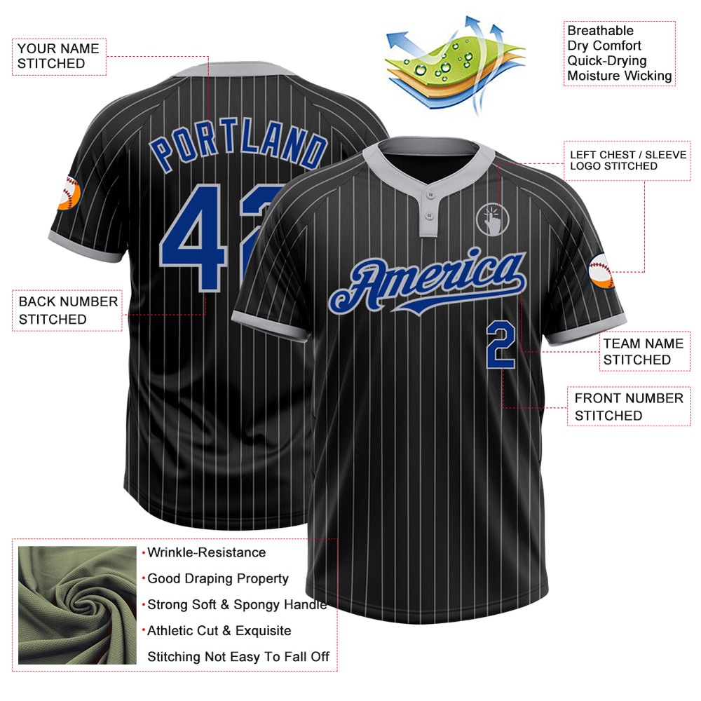 Black Gray Pinstripe Royal Two Button Unisex Softball Jersey, Custom Team Softball Jersey Black Gray Pinstripe Royal Two Button Unisex Softball Jersey, Custom Team Softball Jersey