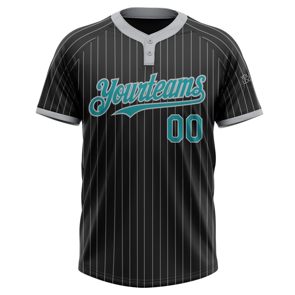 Black Gray Pinstripe Teal Two Button Unisex Softball Jersey, Custom Team Softball Jersey Black Gray Pinstripe Teal Two Button Unisex Softball Jersey, Custom Team Softball Jersey
