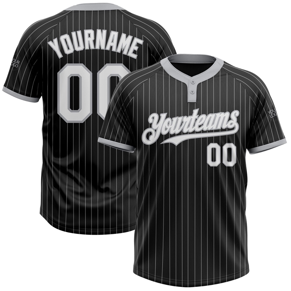Black Gray Pinstripe White Two Button Unisex Softball Jersey, Custom Team Softball Jersey Black Gray Pinstripe White Two Button Unisex Softball Jersey, Custom Team Softball Jersey