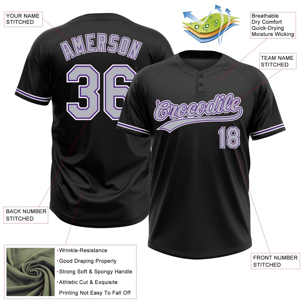 Black Gray Purple Two Button Unisex Softball Jersey, Custom Team Softball Jersey Black Gray Purple Two Button Unisex Softball Jersey, Custom Team Softball Jersey