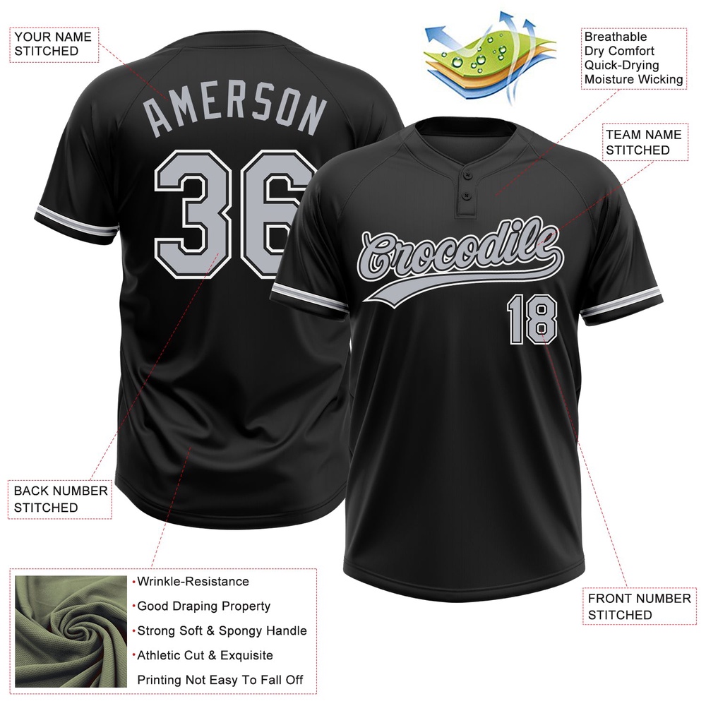 Black Gray White Two Button Unisex Softball Jersey, Custom Team Softball Jersey Black Gray White Two Button Unisex Softball Jersey, Custom Team Softball Jersey