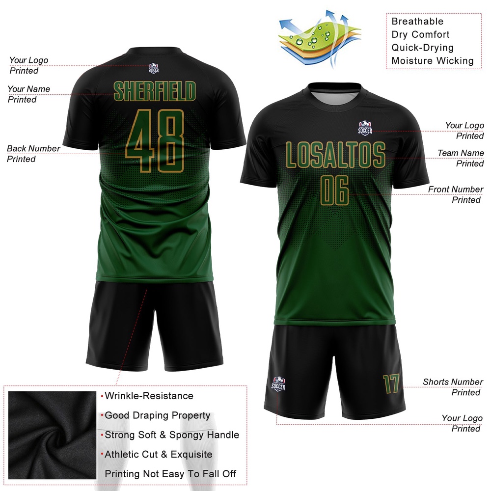 Black Green Old Gold Sublimation Soccer Uniform Jersey, Custom Team Soccer Jersey Shirt