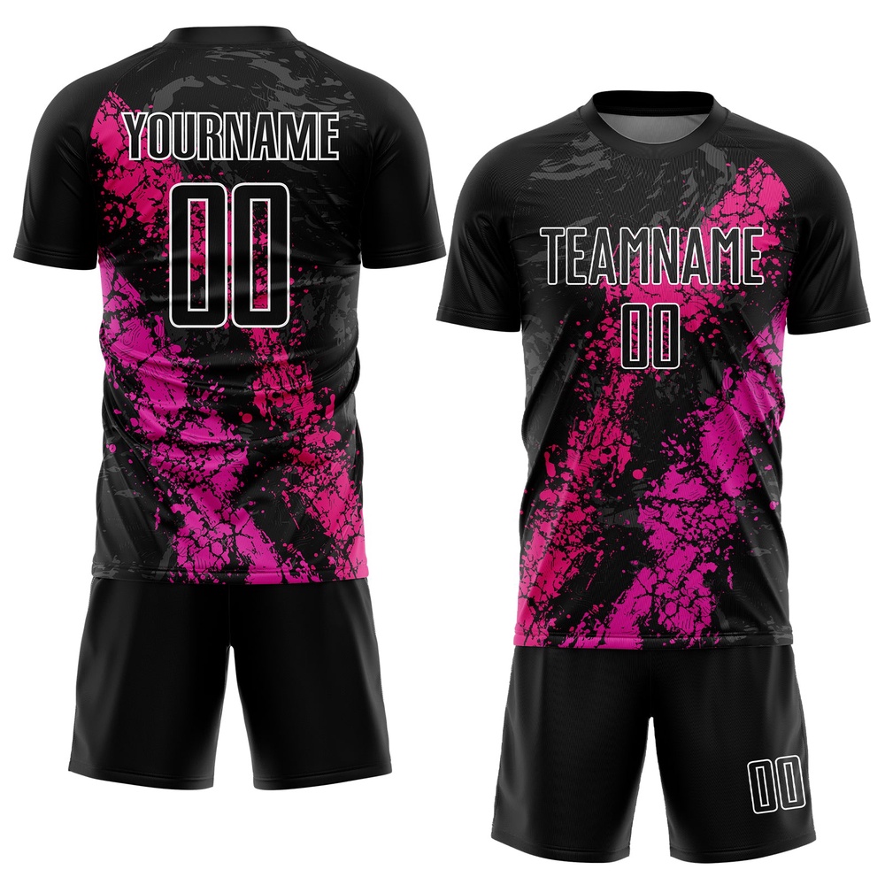 Black Hot Pink Deep Pink Dripping Splatter Art Sublimation Soccer Uniform Jersey, Custom Team Soccer Jersey Shirt