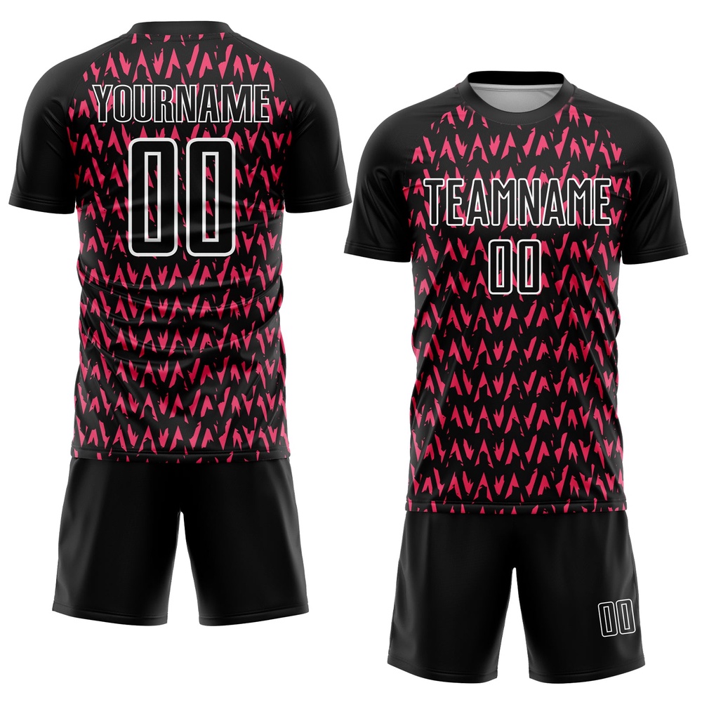 Black Hot Pink White Abstract Geometric Pattern Sublimation Soccer Uniform Jersey, Custom Team Soccer Jersey Shirt