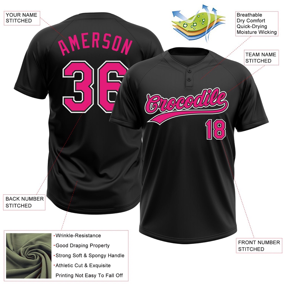 Black Hot Pink White Two Button Unisex Softball Jersey, Custom Team Softball Jersey