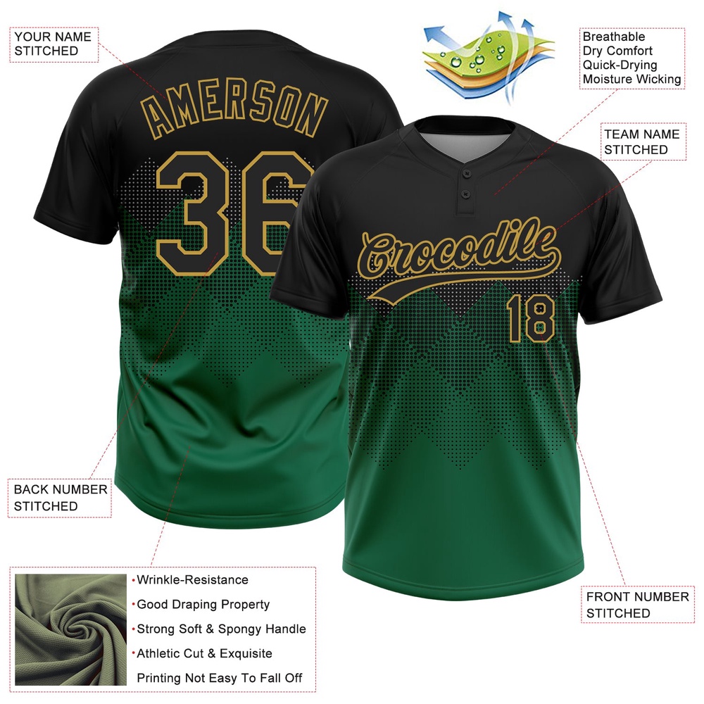 Black Kelly Green Old Gold 3D Pattern Gradient Square Shapes Two Button Unisex Softball Jersey, Custom Team Softball Jersey Black Kelly Green Old Gold 3D Pattern Gradient Square Shapes Two Button Unisex Softball Jersey, Custom Team Softball Jersey